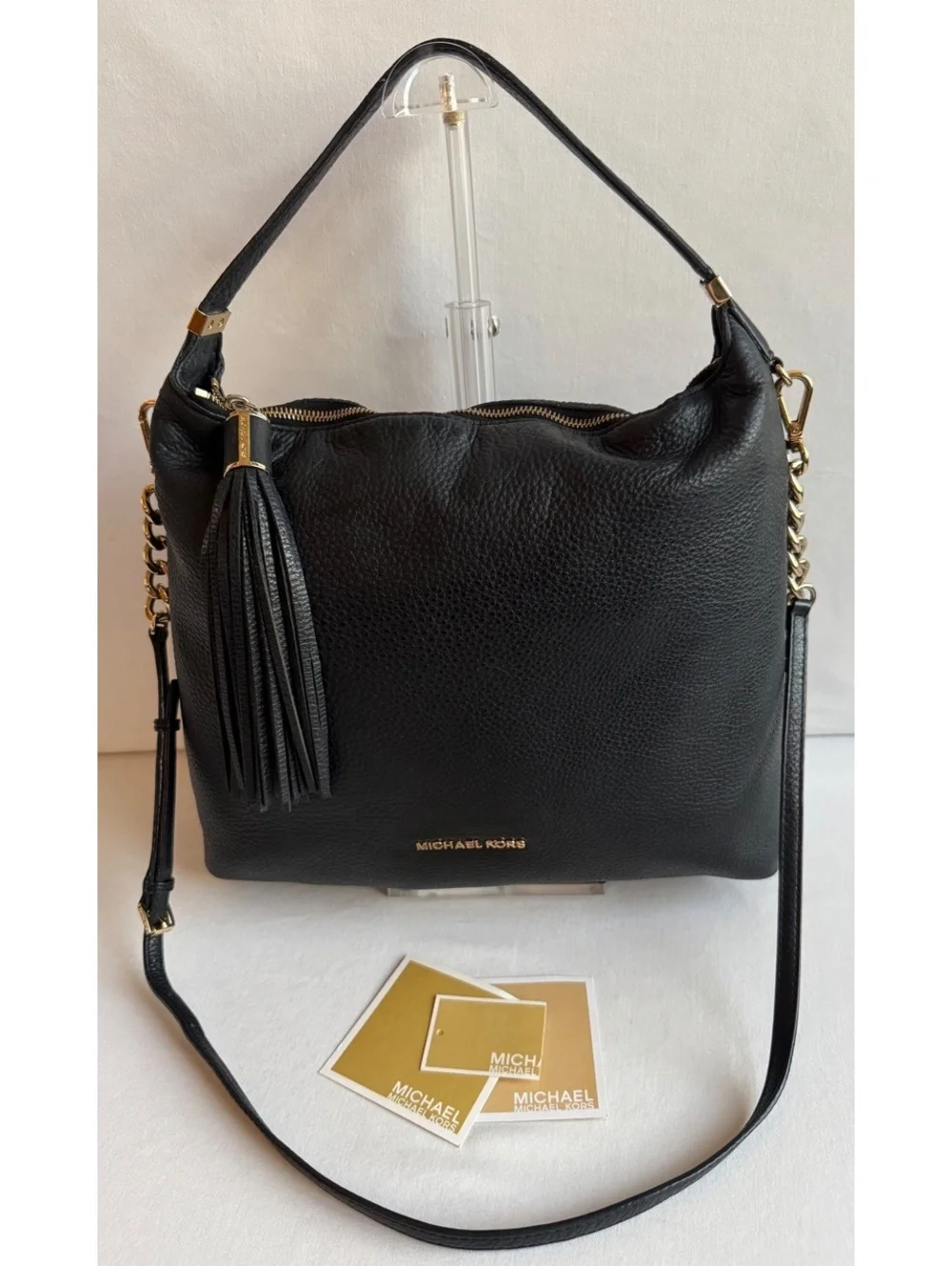 Michael Kors Black Pebbled Leather Hobo Shoulder Crossbody Bag Tassel Gold